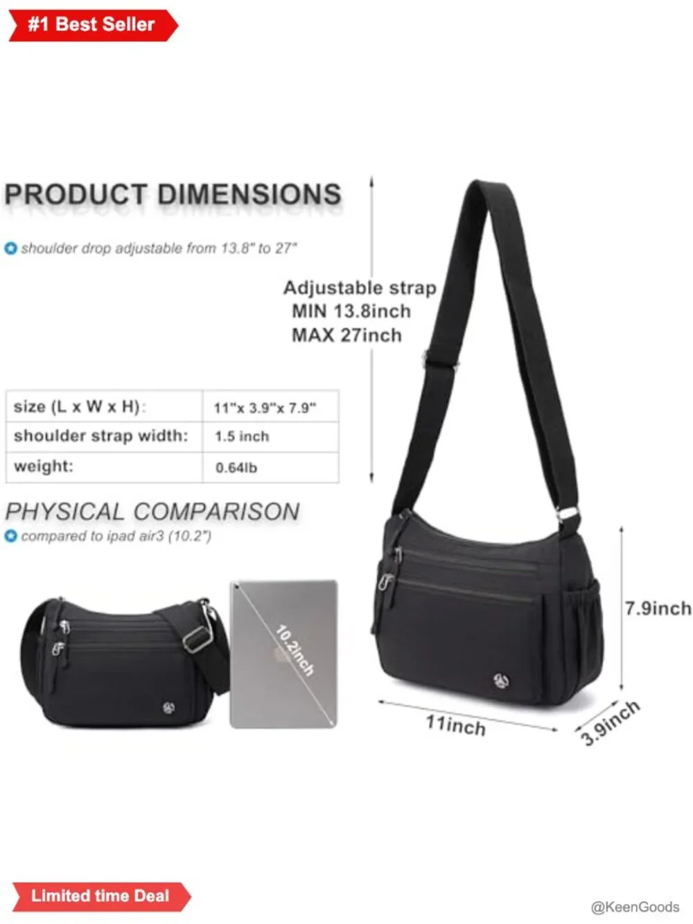 Pealwel Nylon Crossbody Bag Anti-Theft Water-Resistant Purse Adjustable